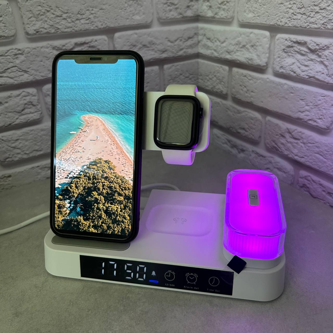 Зарядка бездротова з rgb підсвіткою та годинником для apple watch Iphone airpods 5в1 Білий - фото 8