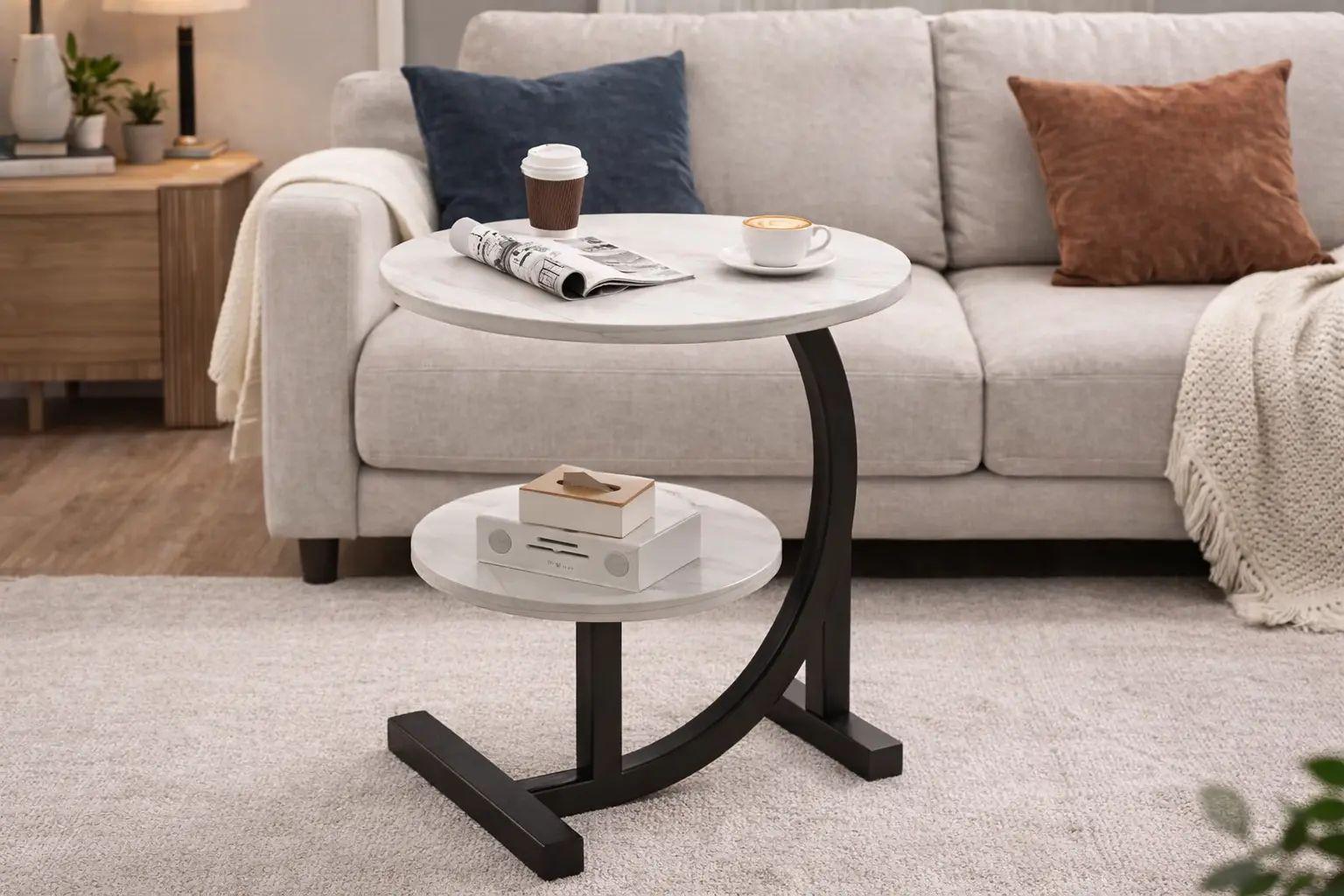 Кофейный столик двухярусный DASH-64229 40х40х60,5 см с металлическим каркасом Черно-белый