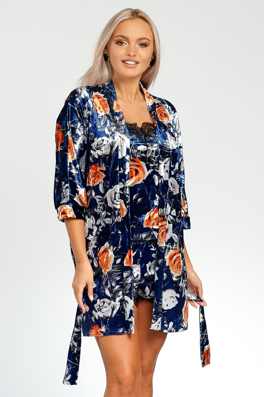 Домашній костюм Пион халат+шорты+майка Ghazel 17111-21 р. 46 Синій/Помаранчеві квіти (5584246)