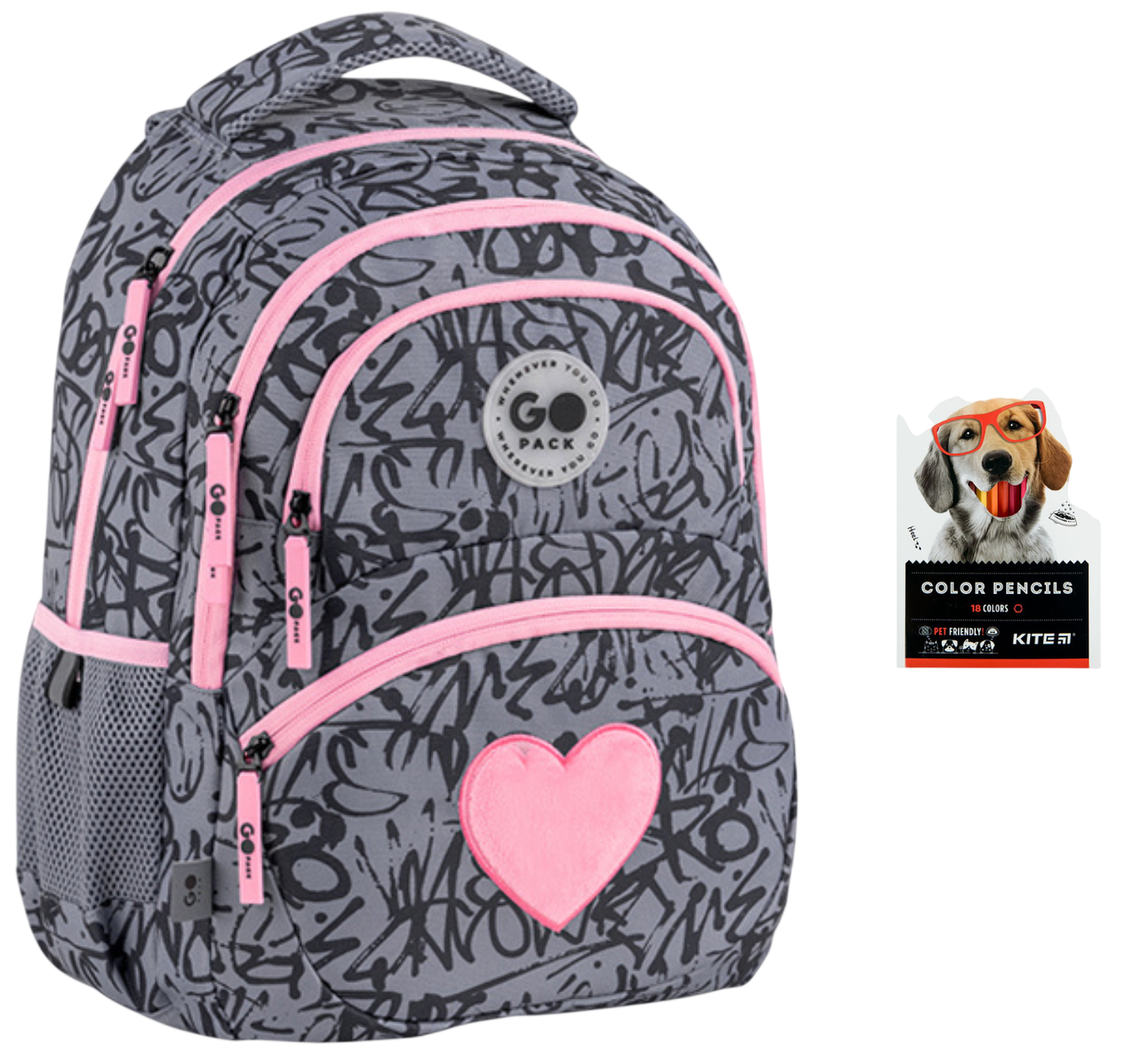 Рюкзак школьный GoPack Education GO26-175M-4 Fluffy Heart и карандаши KITE 18 цветов (2905030921)