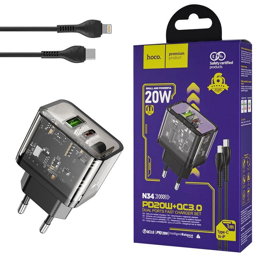 Зарядний пристрій мережевий Hoco N34 Dazzling dual-port PD20W+QC3.0 Type-C to Type-C Black (231658)