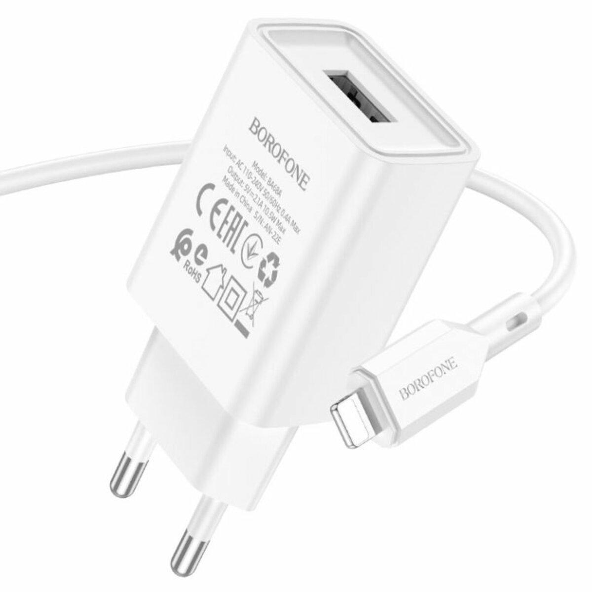 Зарядний пристрій Borofone BA68A Glacier Single Port Charger Set USB to Lightning Cable White (BA68ALW)
