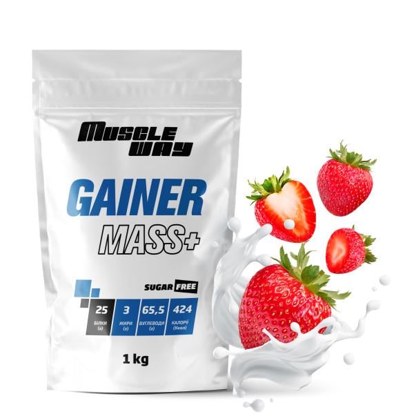 Гейнер вуглеводно-білковий для набору маси MuscleWay GAINER MASS+ Sugar Free у порошку 1 кг Полуниця (21-125-g-mw-rs1.10)