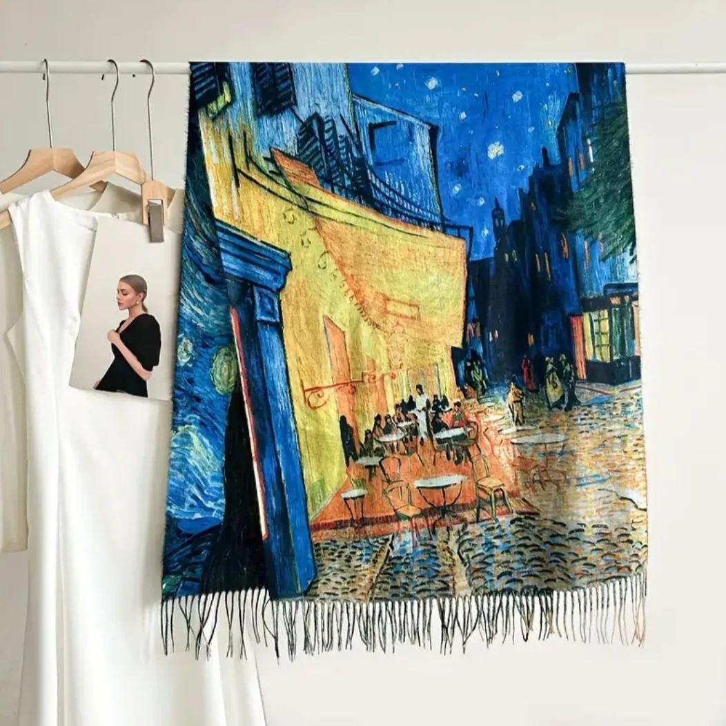 Палантин жіночий двосторонній з художнім принтом Зоряна ніч (000005)