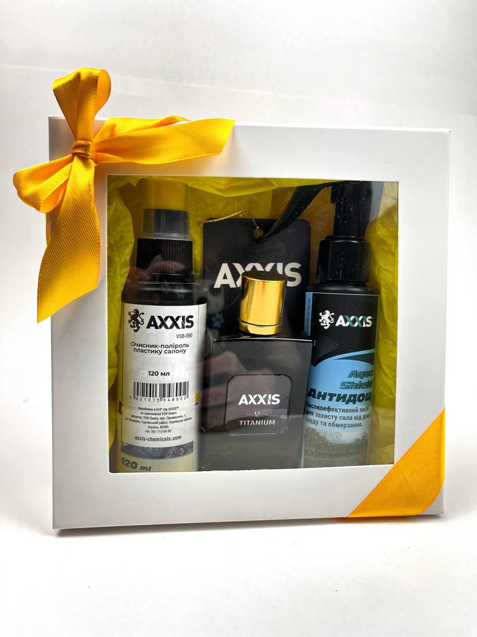 Подарунковий набір автокосметики AXXIS 4в1 Антидощ 100 мл/Очищувач пластику 120 мл/Парфум Titanium/Ароматизатор (5743-9004)