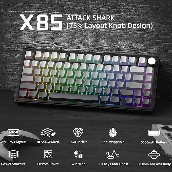 Клавиатура беспроводная attack shark X85 75% с боковой гравировкой и RGB подсветкой Grey (2519960053) - фото 9 Клавиатура беспроводная attack shark X85 75% с боковой гравировкой и RGB подсветкой Grey (2519960053) - фото 9