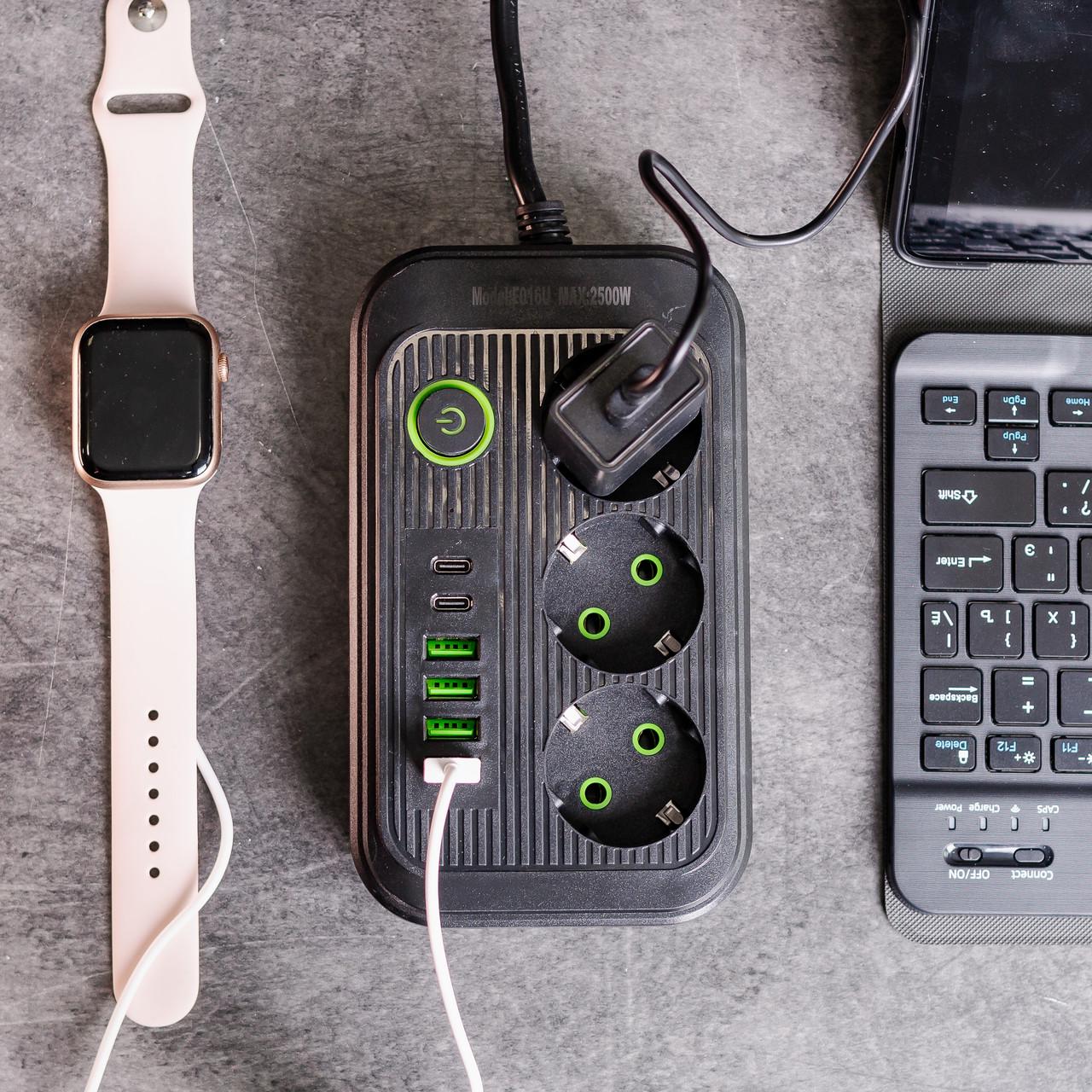 Подовжувач HP-5-22 F16 на 3 розетки 4 usb 2 type-c та кнопкою відключення 4,75 м Чорний (7440) - фото 2