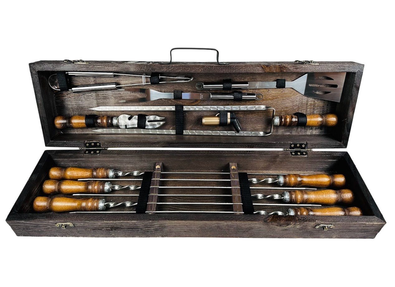 Подарочный набор шампуров ручной работы BBQ мини 12 предметов в кейсе 74х20х14 см Коричневый (124-10-KS-7707)
