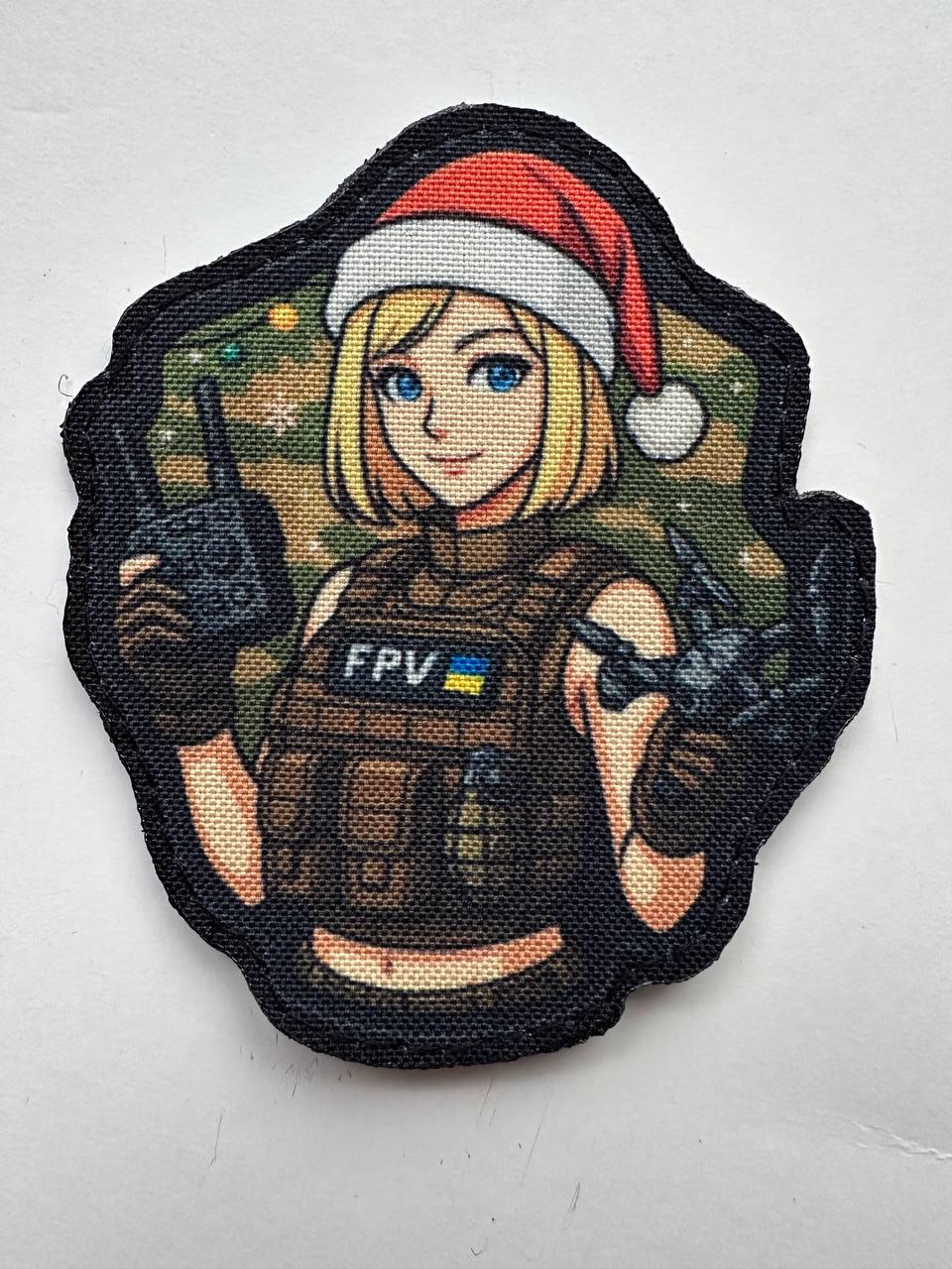 Шеврон Новогодний Tactical girl с дроном FPV фигурный на липучке Мультикам (GIRL_SNT2)