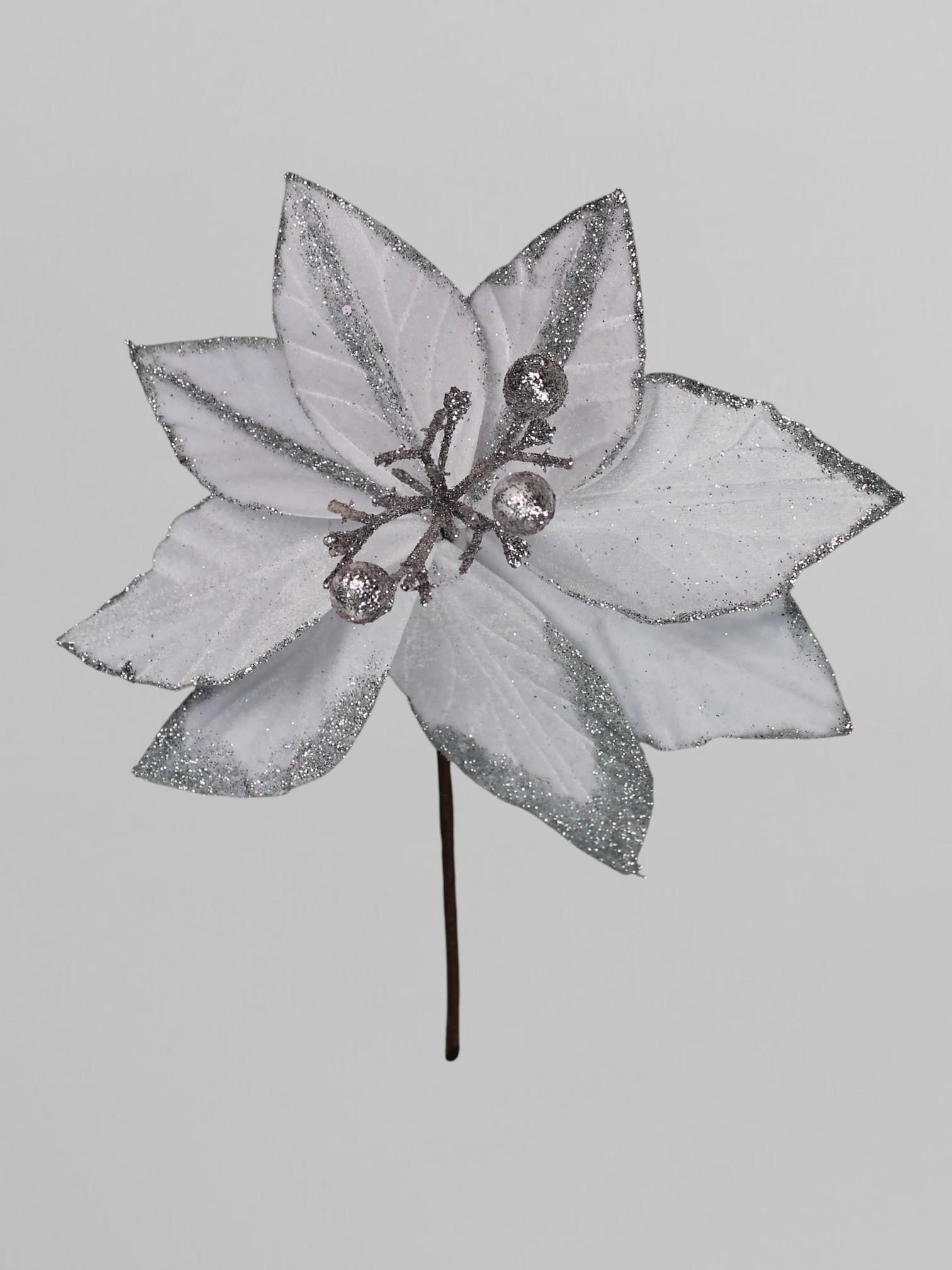 Пуансетия новогодняя с блестками на стебле 31 см Белый (К13305)