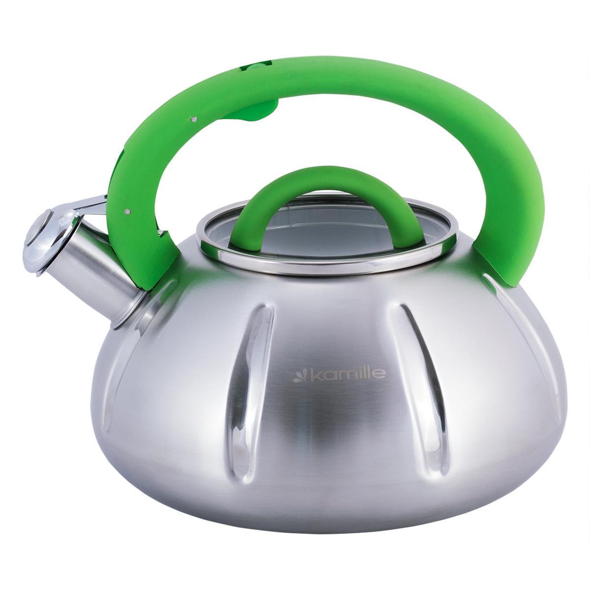 Чайник Kamille Vizo из нержавеющей стали со свистком 3 л Серебристый/Зеленый (0671) - фото 4