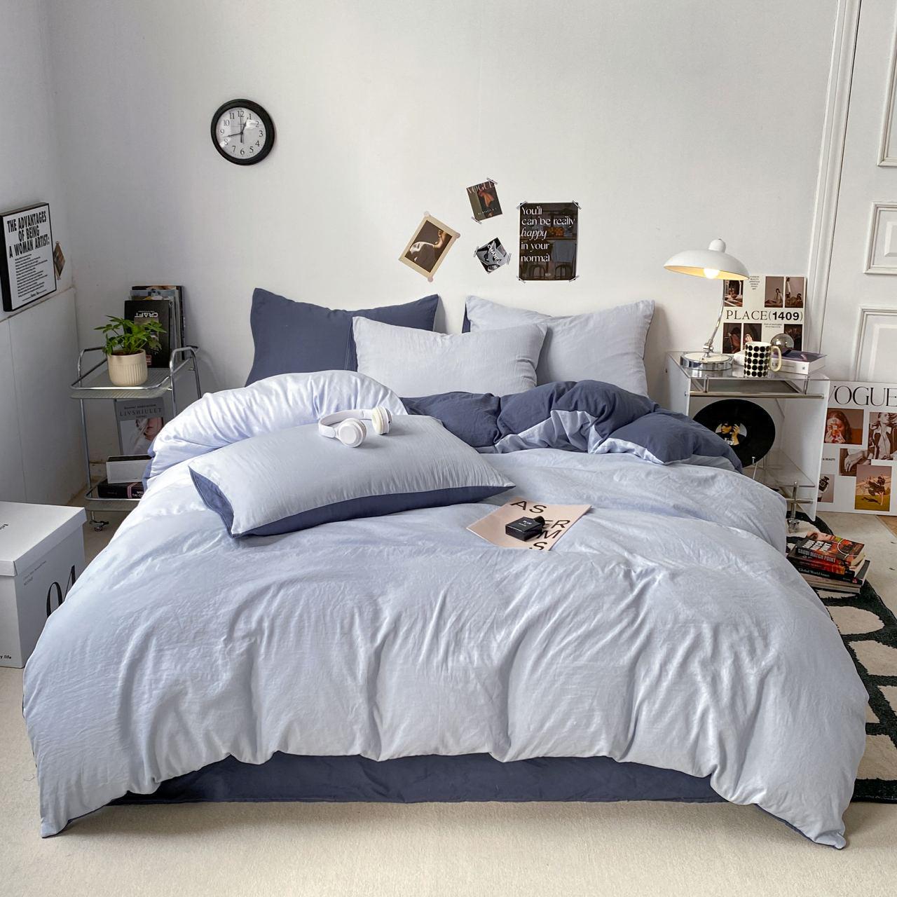 Комплект постельного белья Тень сатин евро/наволочки 50х70/70х70 см Голубой/Синий (6922) - фото 1