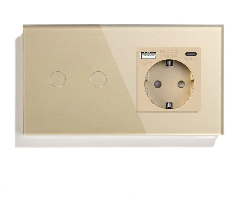 Выключатель сенсорный LUXION двойной USB A+C 20Вт 16 А 230 В с заземлением/шторками стекло Золотой