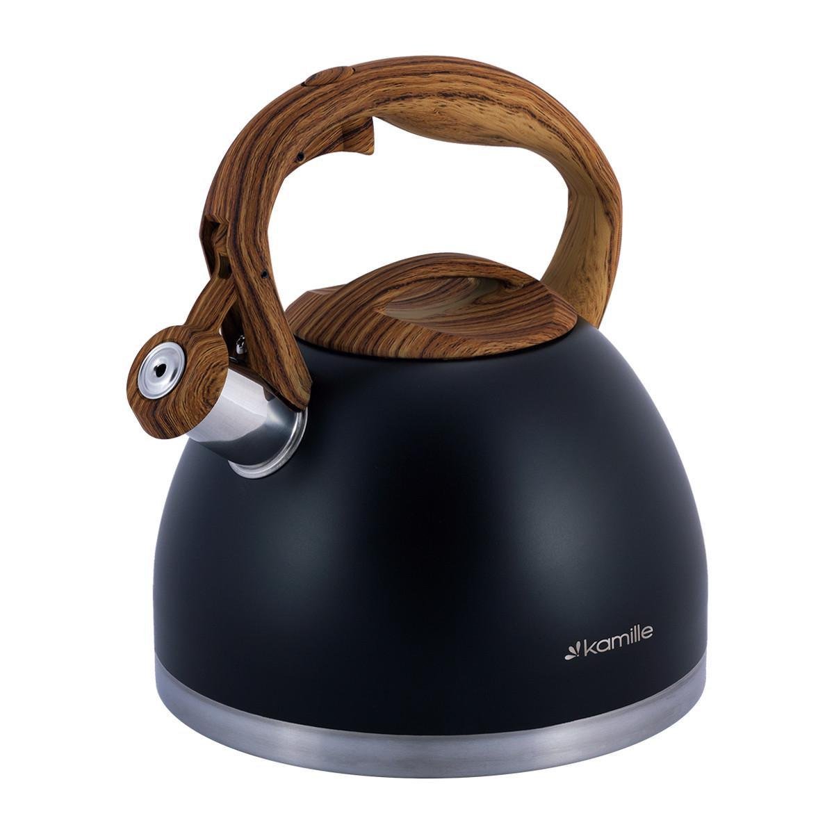 Чайник со свистком Kamille KM-1087 из нержавеющей стали и нейлоновой ручкой с покрытием soft-touch под дерево 2,7 л Черный (150-84-1087)