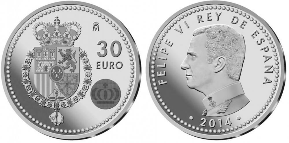 Коллекционная монета Испания 30 евро 2014 Король Филипп VI Серебро UNC (KM#1331)