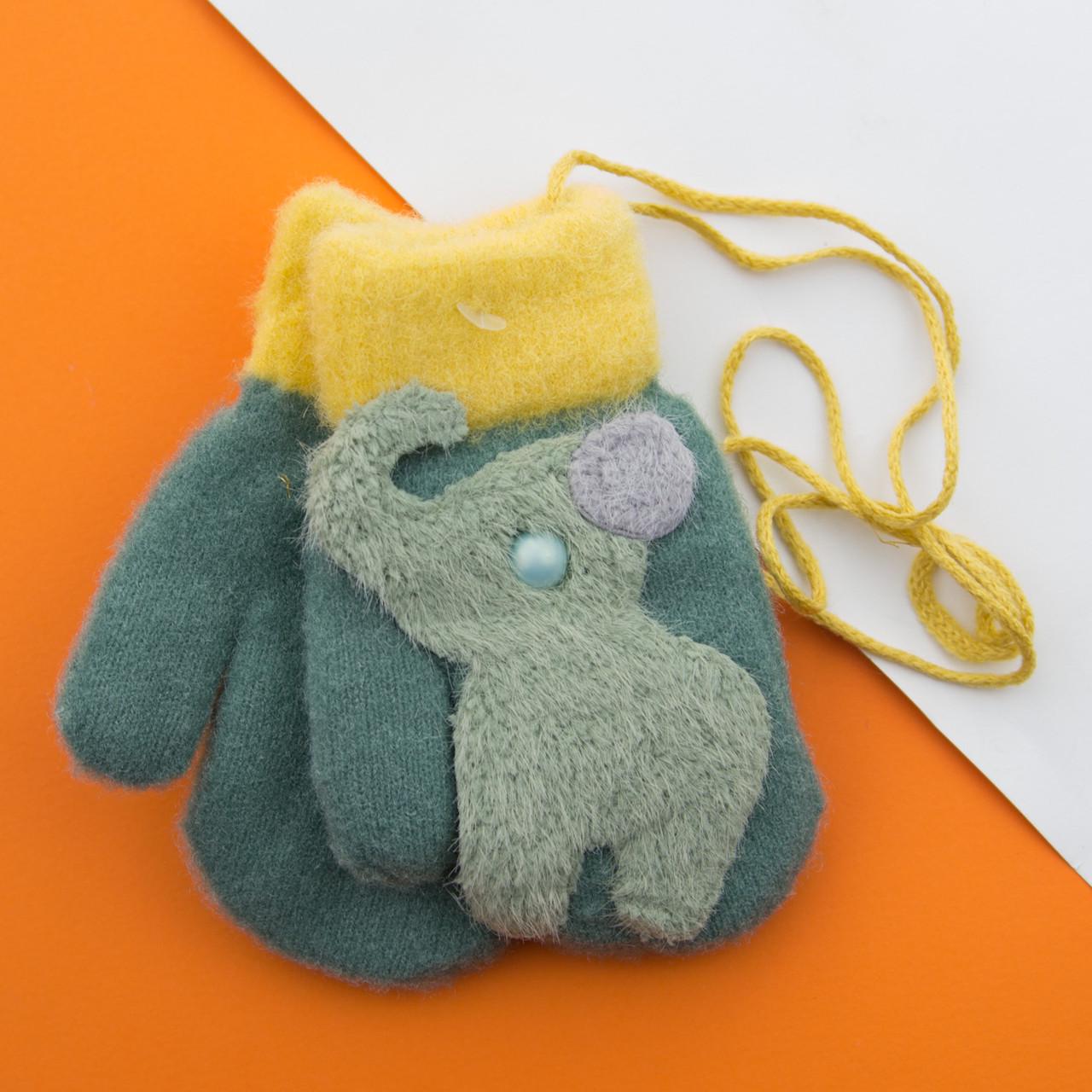 Варежки для малышей зимние с мехом на 1-2 года на веревочке Слоники 22-7-30 Серо-зеленый (DR009901)