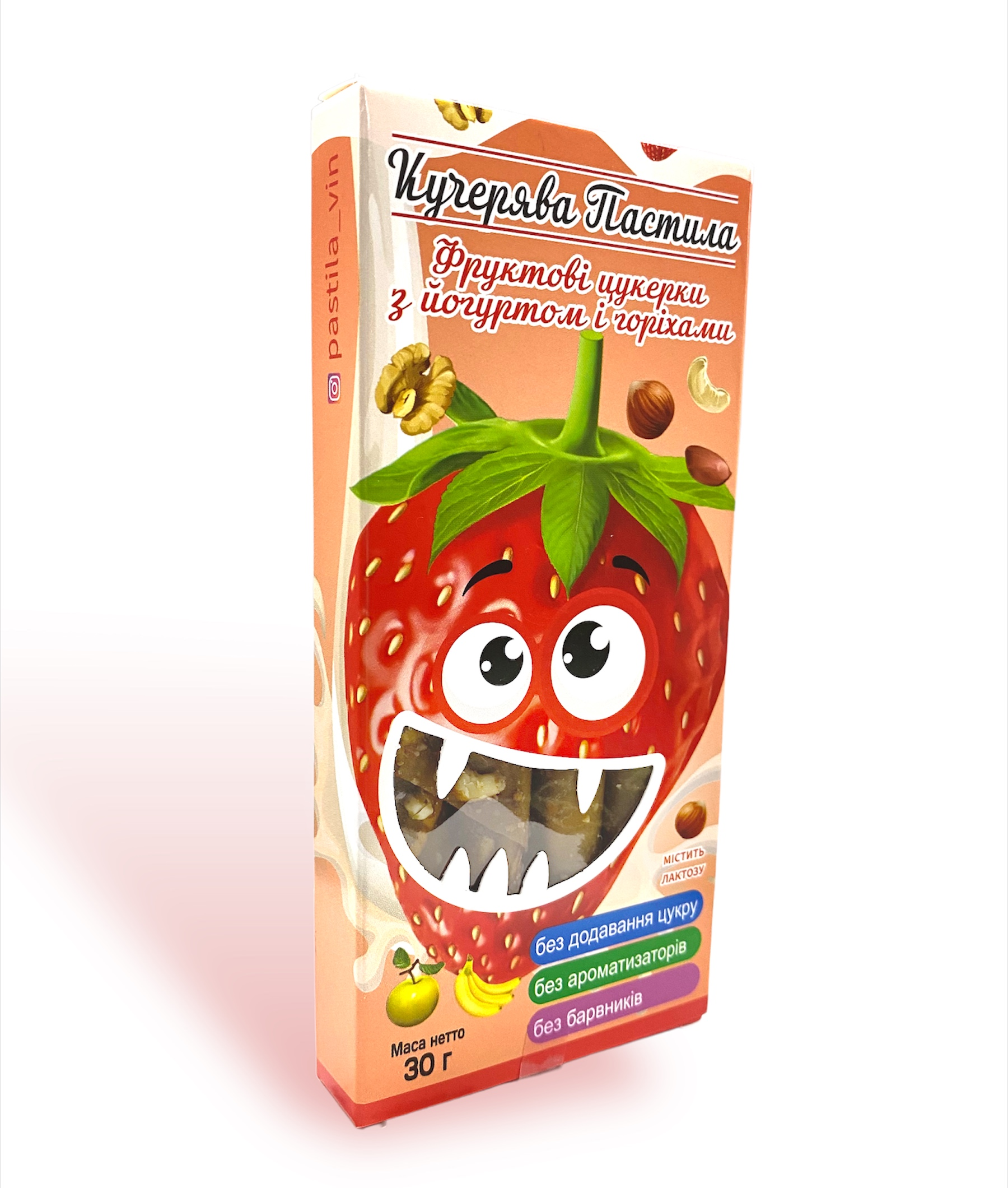 Натуральні цукерки Кучерява Пастила з йогуртом/полуницею і міксом горіхів 30 г
