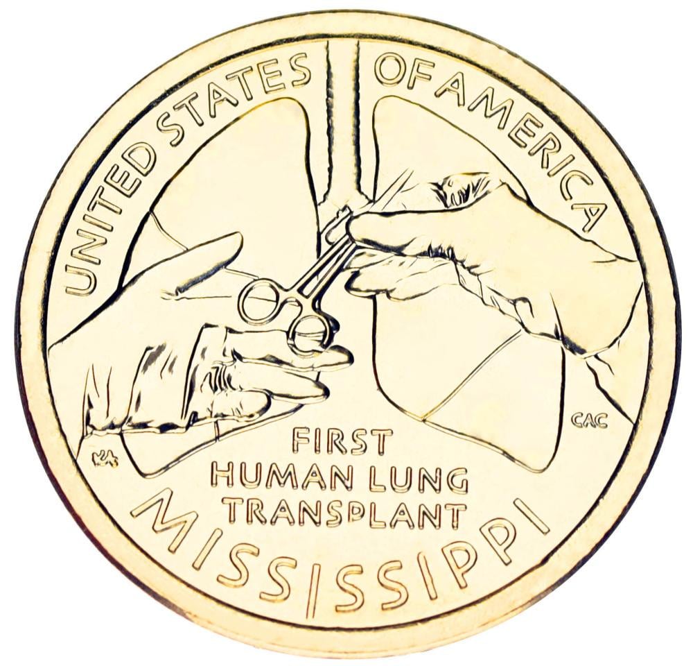 Коллекционная монета США 1 доллар 2023 UNC D Американские инновации - Первая трансплантация легких человеку (Миссисипи)
