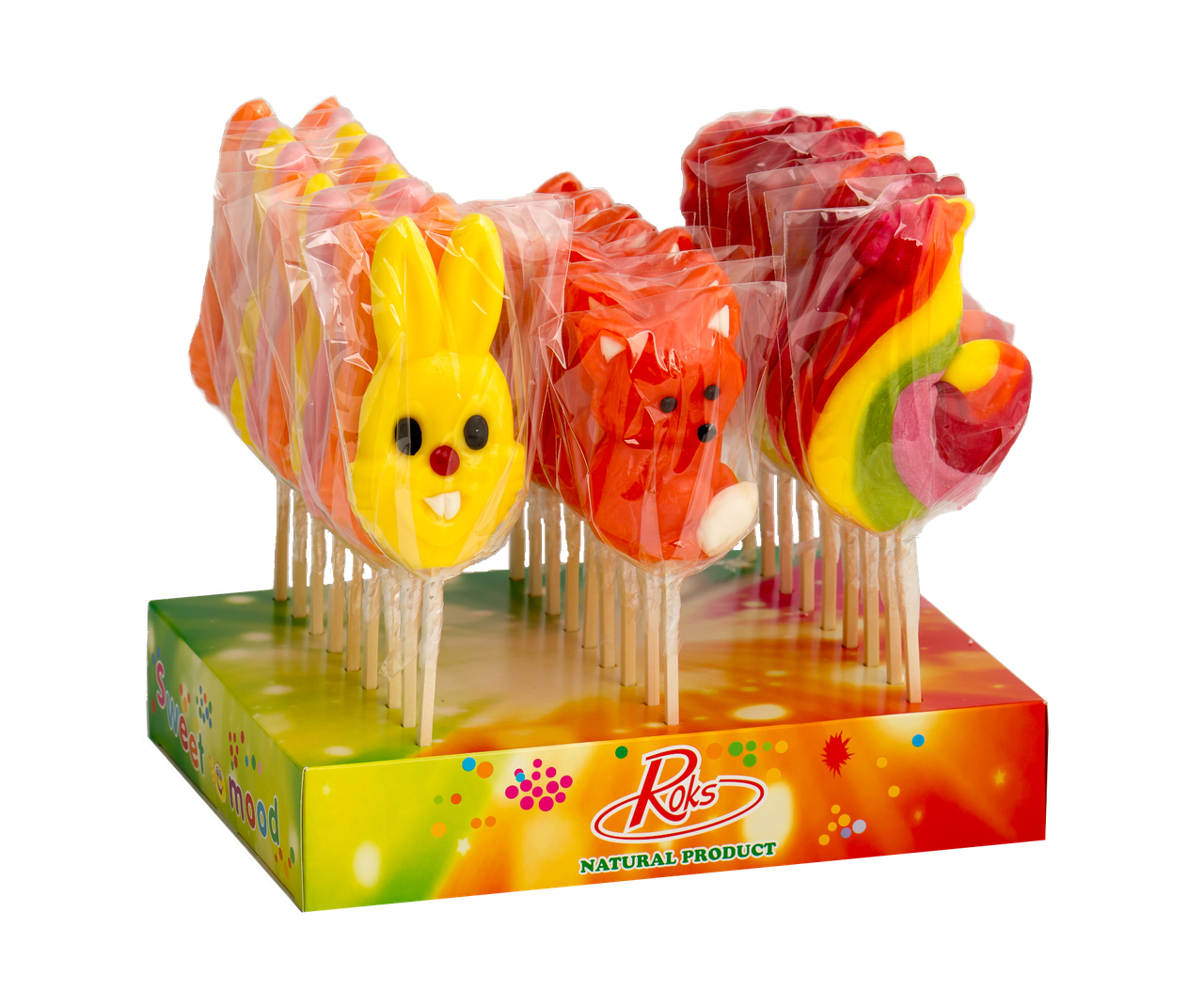 Леденцы Roks Сказка Заяц/Петух/Лис на палочкедисплей салют 80 г 27 шт. 2,160 кг (77)