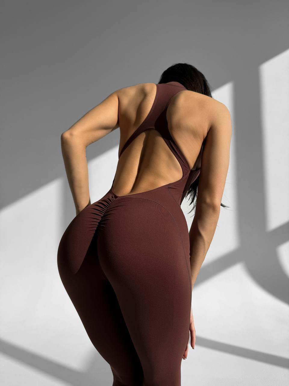 Комбинезон спортивный длинный с чашками и пуш-ап S Шоколадный (WH08S) - фото 7
