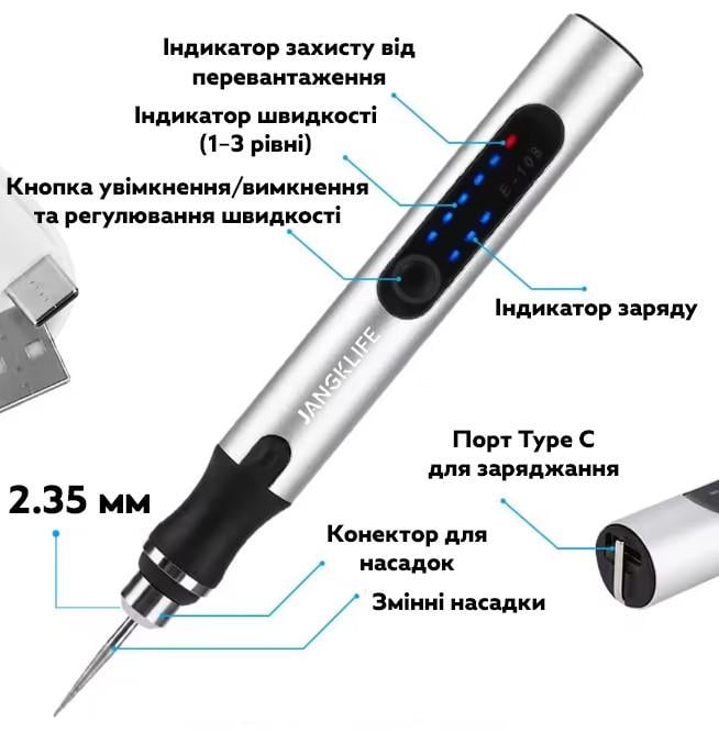 Гравер ручной аккумуляторный Jangklife E-108 с насадками 10W 56 шт. Grey (3_06654) - фото 3 Гравер ручной аккумуляторный Jangklife E-108 с насадками 10W 56 шт. Grey (3_06654) - фото 3