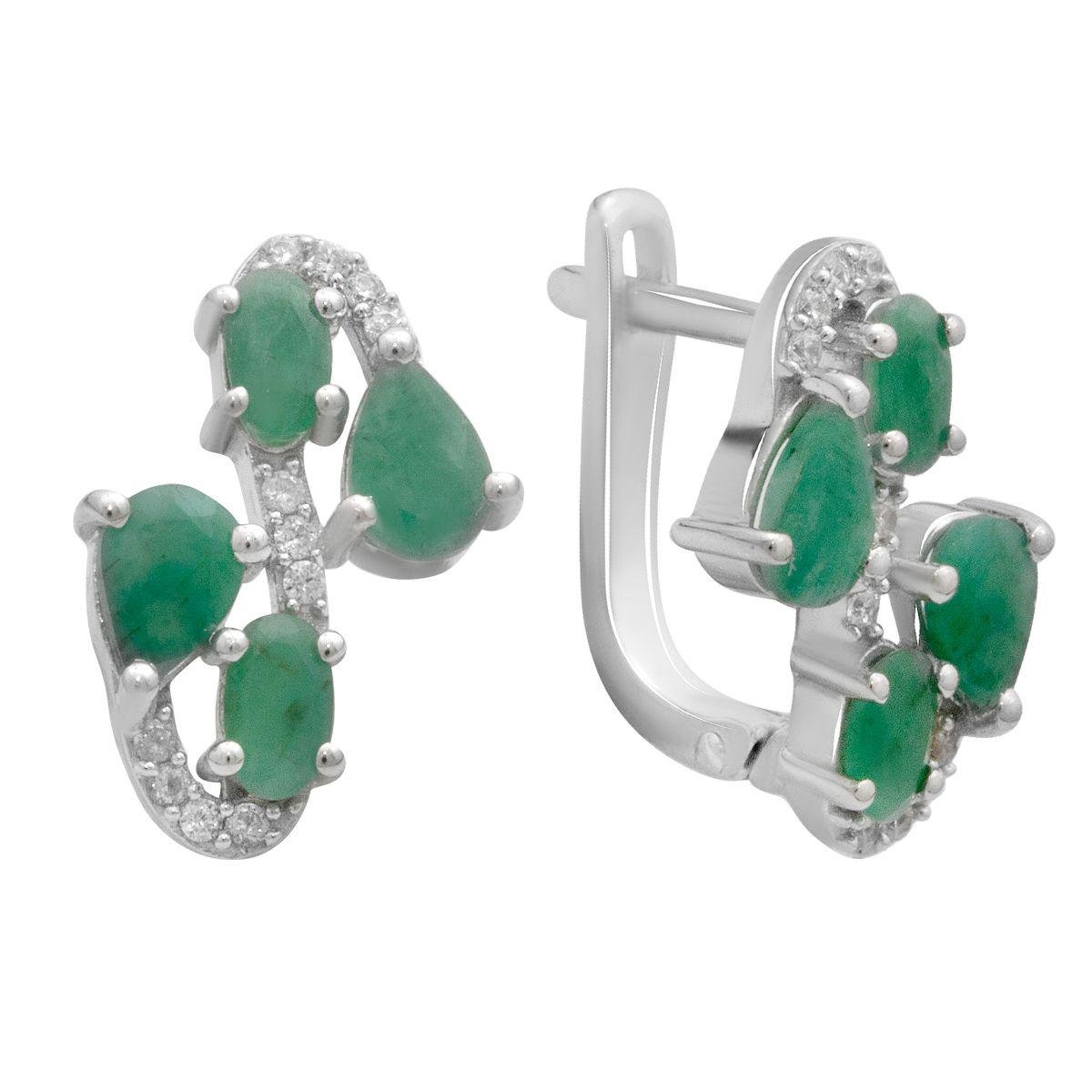 Сережки срібні з натуральними смарагдами овальної та грушоподібної форми насичено-зеленого кольору Сережки срібні з натуральними смарагдами овальної та грушоподібної форми насичено-зеленого кольору