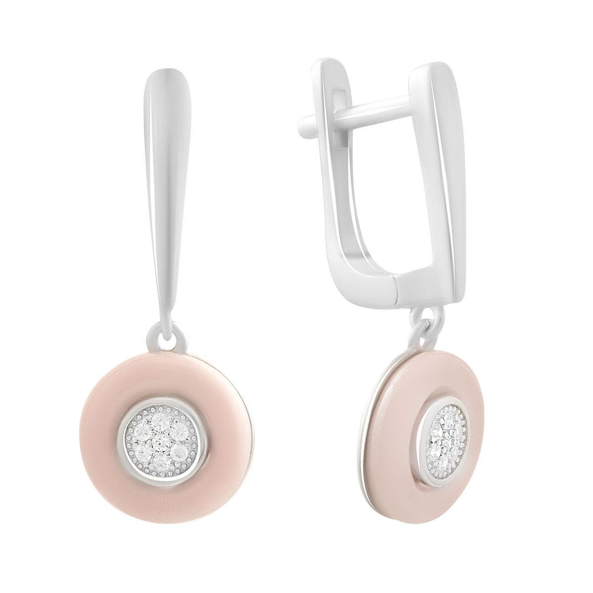 Сережки срібні LoveR з рожевою керамікою у круглій формі та центральною вставкою фіанітів Сережки срібні LoveR з рожевою керамікою у круглій формі та центральною вставкою фіанітів