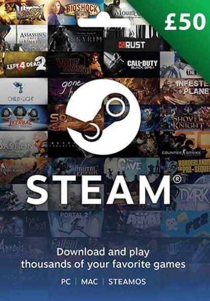 Электронный код Steam Wallet Cards на сумму 50 GBP UK-регион