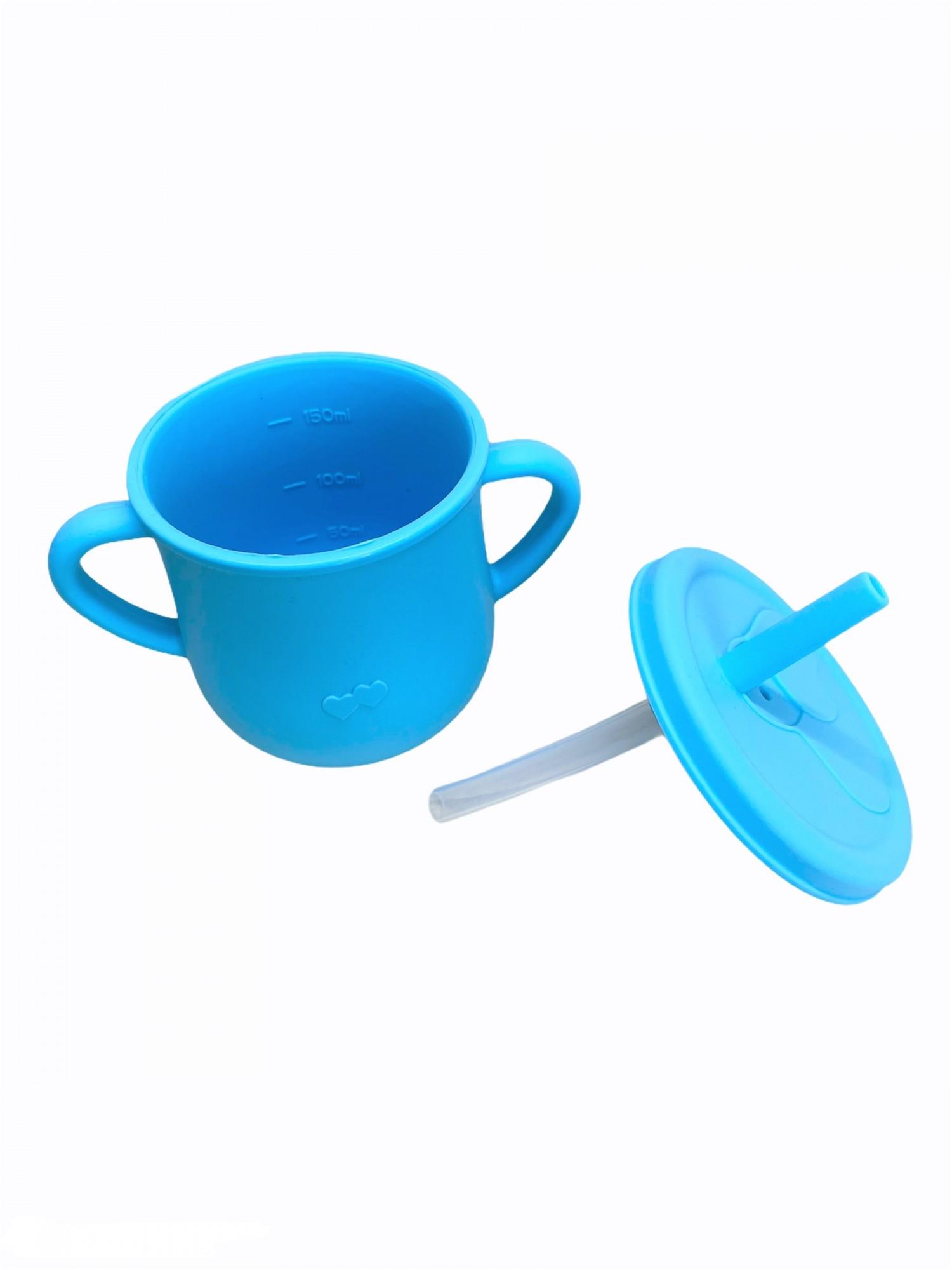 Набор детской силиконовой посуды с присоской тарелка/ложка/нагрудник/поильник Голубой (24043429) - фото 5