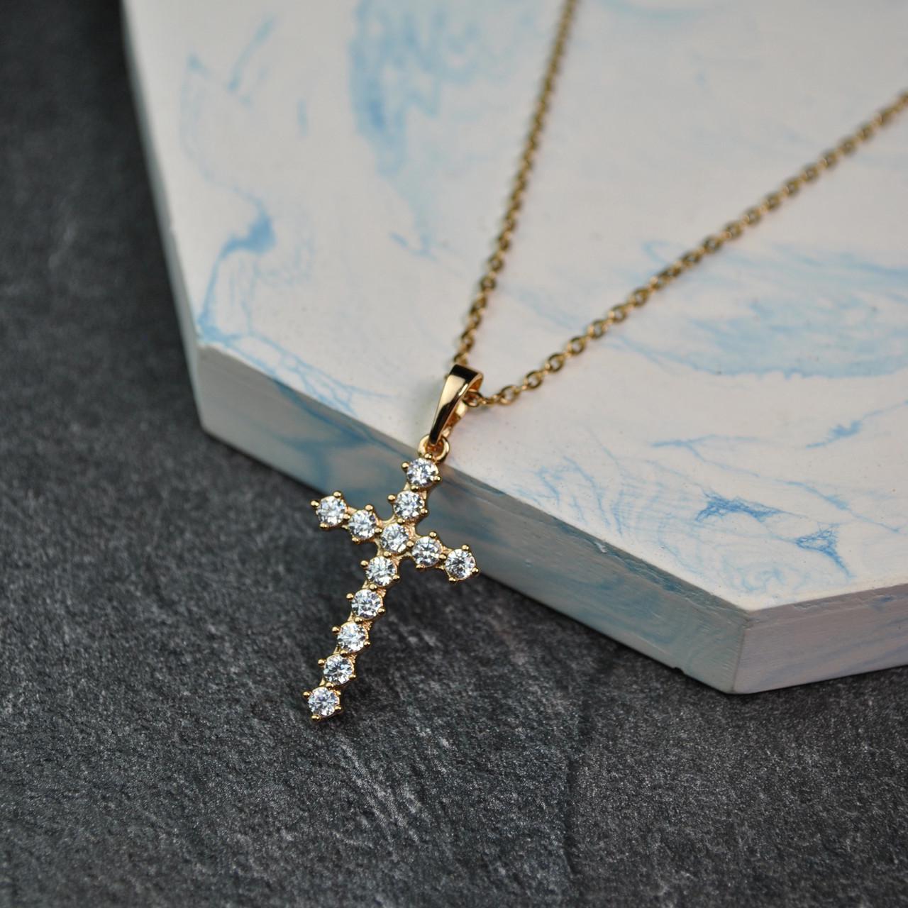 Кулон крестик с фианитами на цепочке медицинская сталь позолота (x241-2)