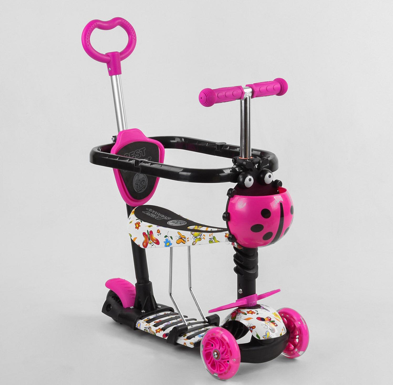 Самокат трехколесный Best Scooter 5в1 с сиденьем/защитным бампером/родительской ручкой и подсветкой колес Розовый/Черный (S 8509)