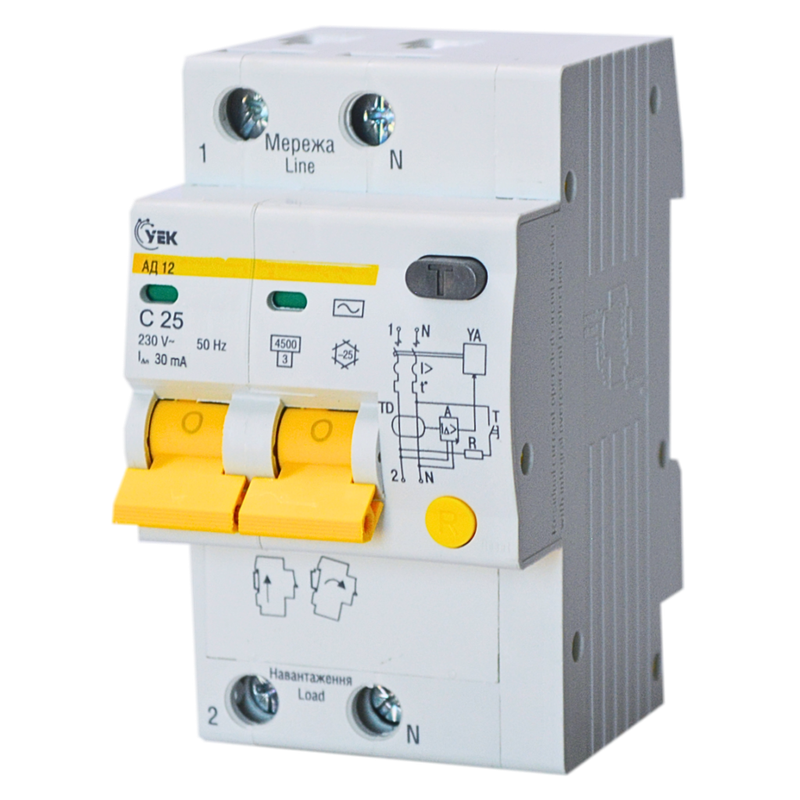 Выключатель дифференциальный УEK АД12 2P 25A 30мА C тип АС (MAD10-2-025-C-030-U)