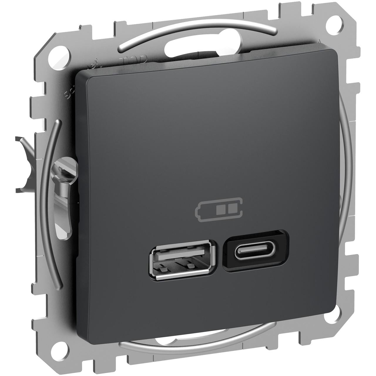 Розетка Schneider Electric Sedna Design&Elements PC USB A+C 3A 45 Вт 71х71х37 мм Антрацитовыйовый (SDD114404)