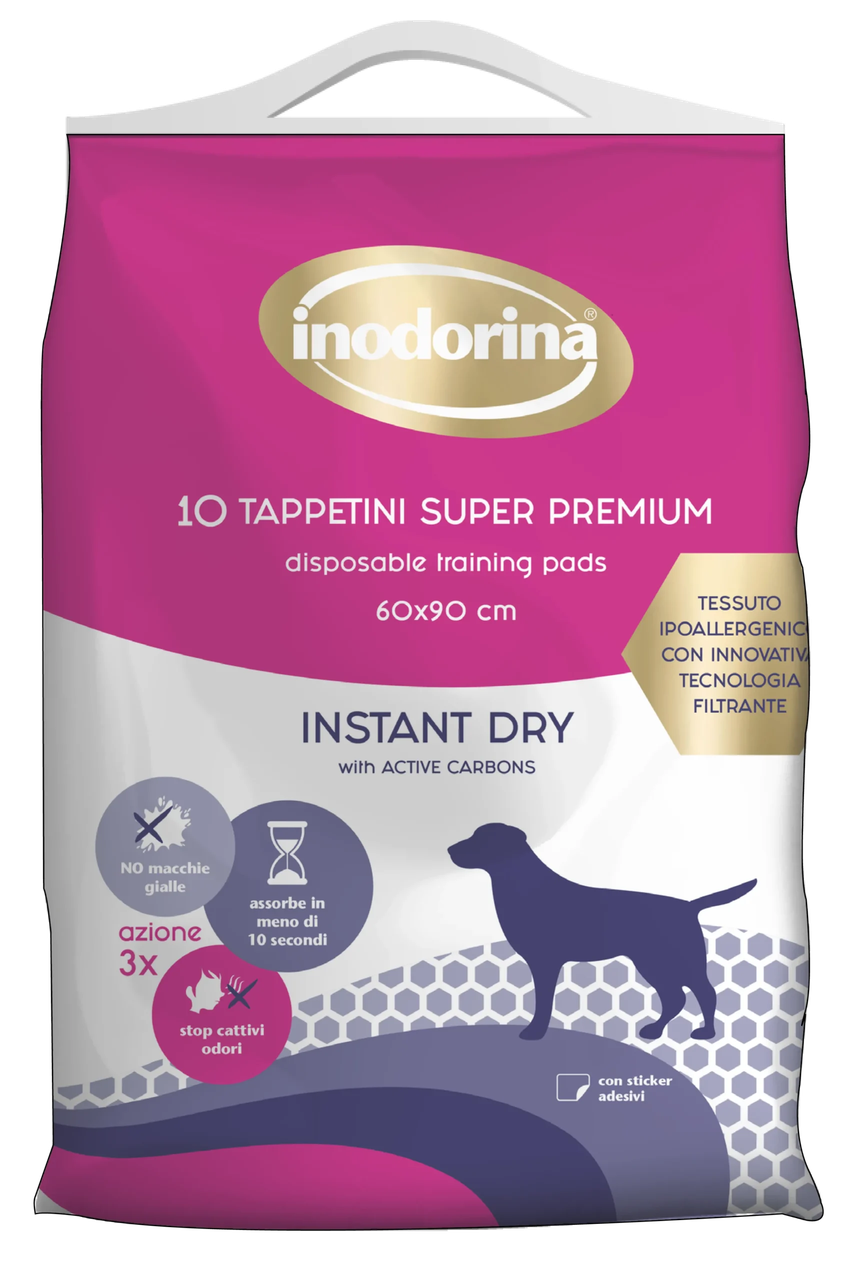 Пелюшки для собак швидкопоглинаючі Inodorina Tap Instant Dry з активованим вугіллям 10 шт. 60х90 см (28457881)