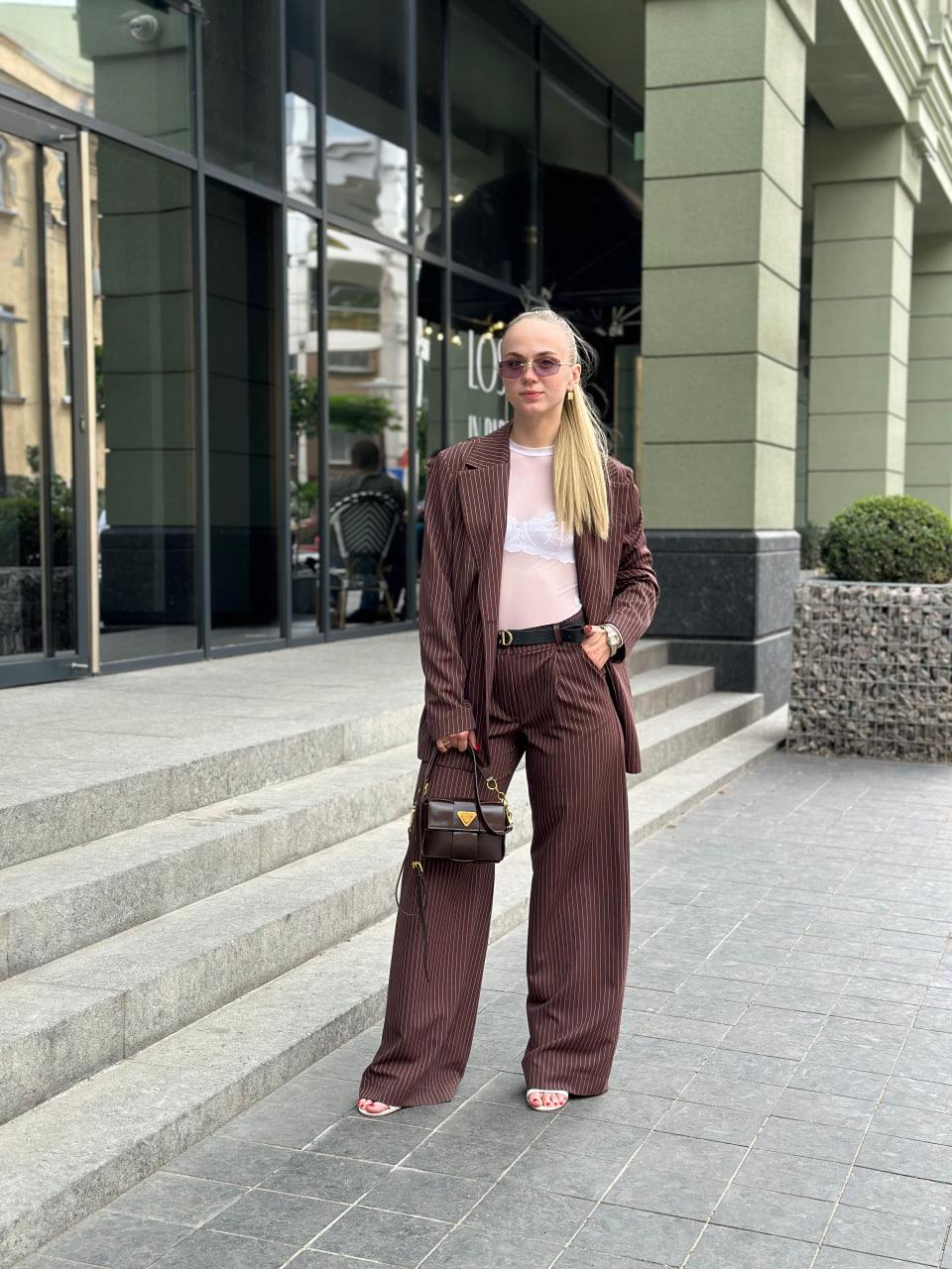 Костюм женский в полосочку пиджак/брюки S Шоколадный (2628190769) - фото 3