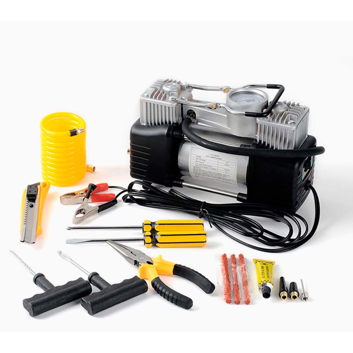 Атомобільний компресор 12V 90 л/хв двопоршневий з манометром набором для ремонту шин та інструментами