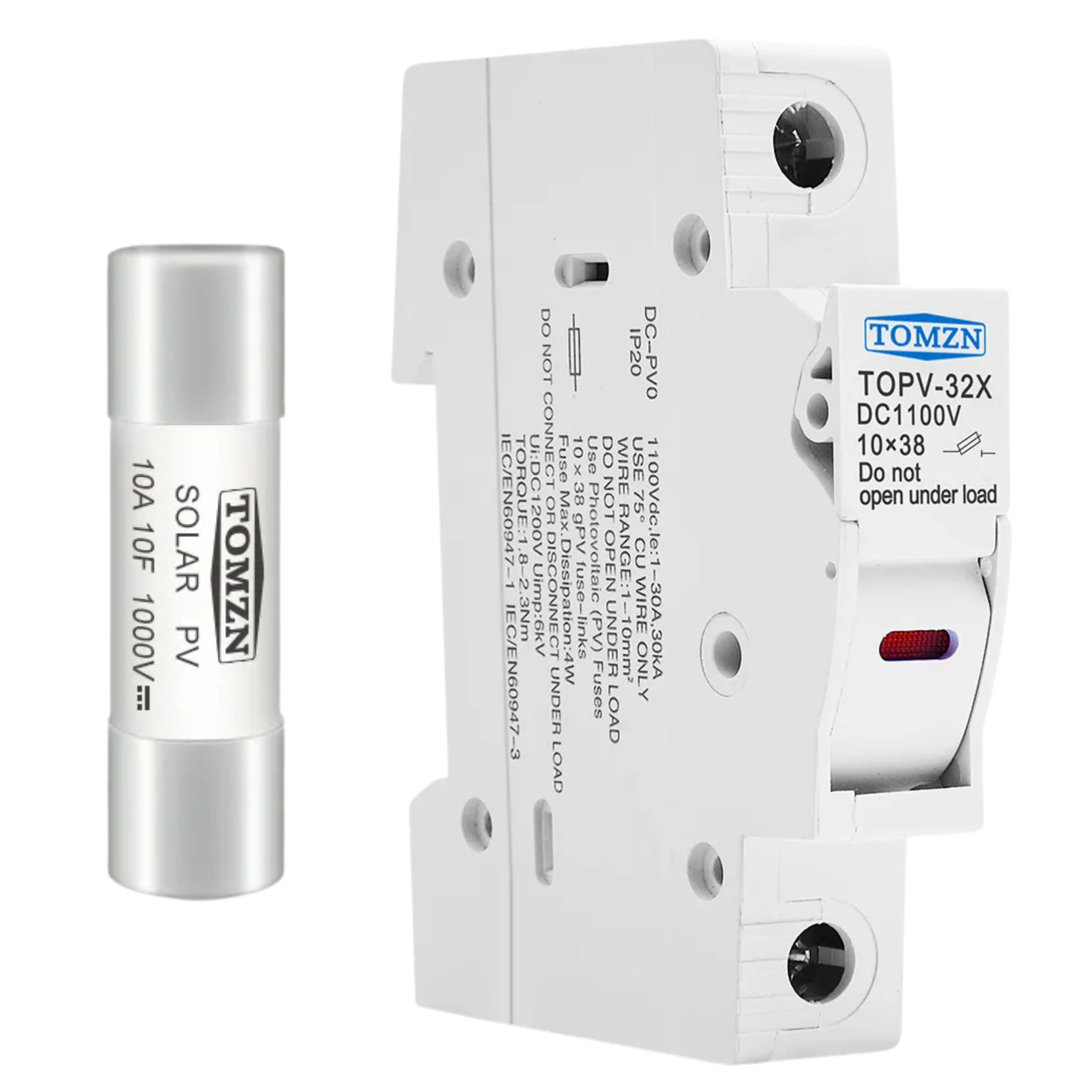 Держатель предохранителя однополюсного плавкого с 1 предохранителем 10А TOMZN gPV SOLAR PV 10x38 мм DC 1000V/TOPV-32X 2P DC DIN с LED (2548647764)