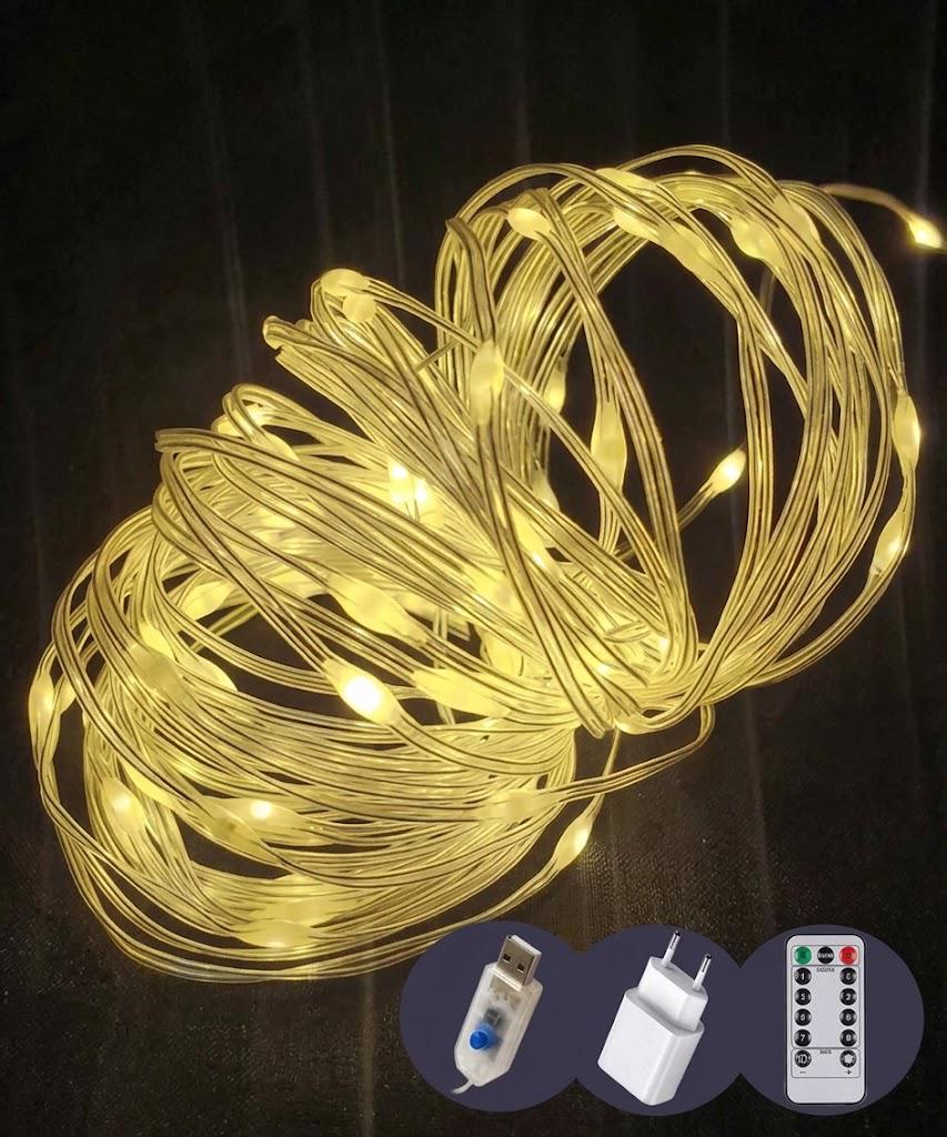 Гирлянда Роса-люкс 100 LED 10 м теплый белый 8 режимов/USB адаптер/пульт (FFJ00179)
