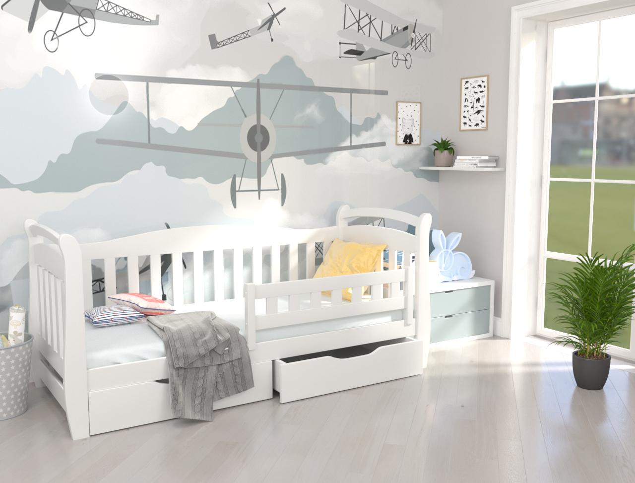 Кровать в детскую комнату Luna Доминик из натурального дерева с бортиком и ящиками 90х200 см Белый (38684)