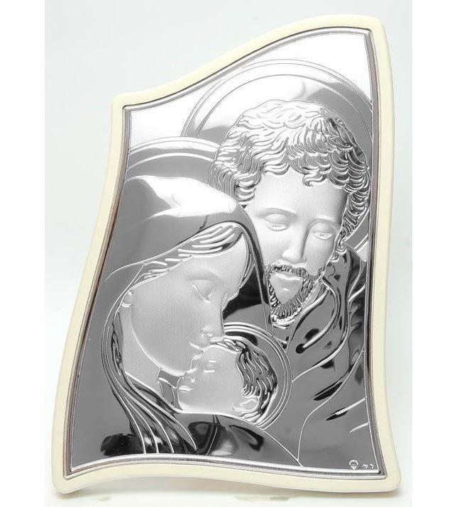 Срібна ікона Свята Родина в білій рамці 6х7,5 см