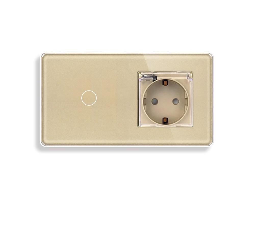 Выключатель проходной/сенсорный ELIOS с розеткой IP44 16А 230В с заземлением/шторками/крышкой стекло Золотой