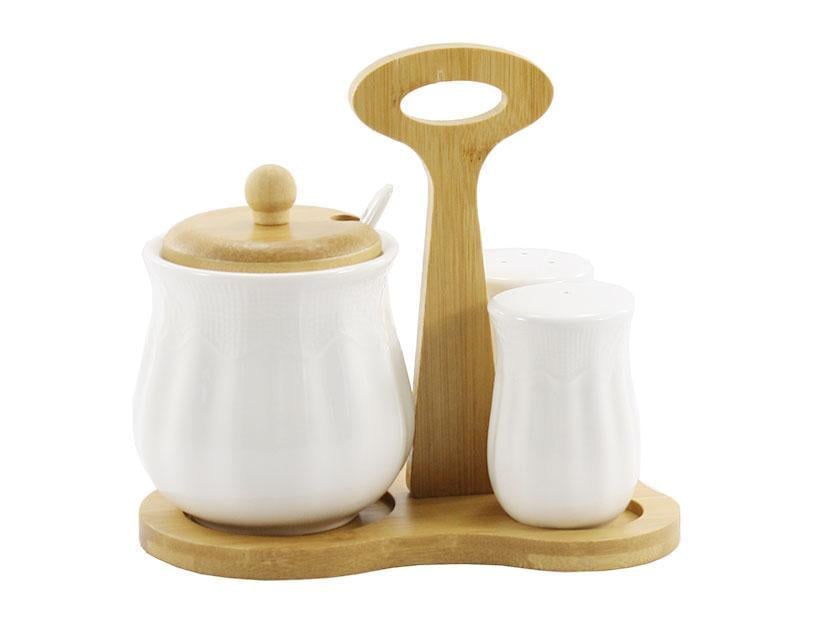 Набор для специй фарфоровый Interos солонка/перечница/сахарница на деревянной подставке 3 пр. (C PJ03318)