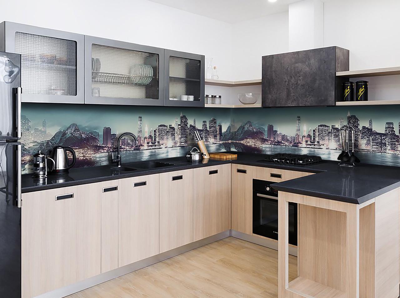 Кухонный фартук Город по горой небоскребы огни из самоклеющейся виниловой пленки 65х250 см Голубой