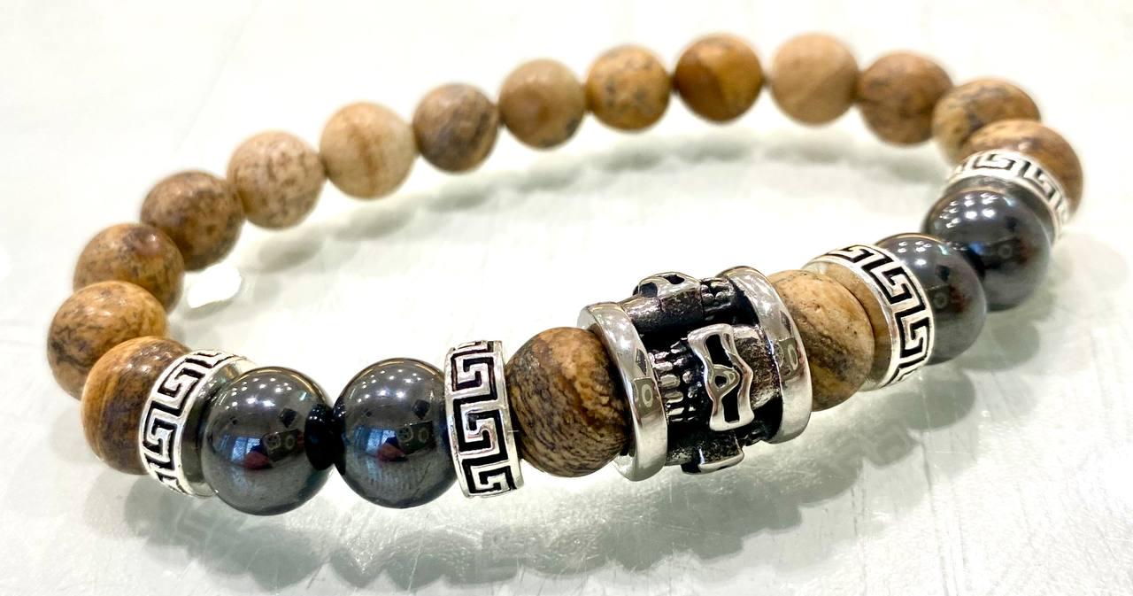 Браслет LITAURS из натуральных камней яшма/гематит и металлическими вставками М 15-17 см (241211)