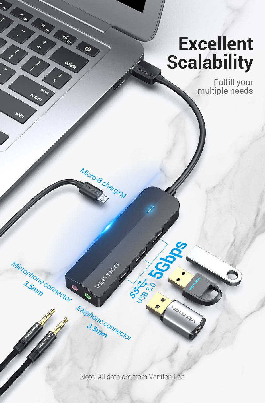 USB-хаб Vention зі звуковою картою USB-3x USB 3.0/2x 3,5 мм minijack/micro-USB додаткове живленя 5 Гбіт/с USB-A 1 м Чорний (CHIBF) - фото 3 USB-хаб Vention зі звуковою картою USB-3x USB 3.0/2x 3,5 мм minijack/micro-USB додаткове живленя 5 Гбіт/с USB-A 1 м Чорний (CHIBF) - фото 3