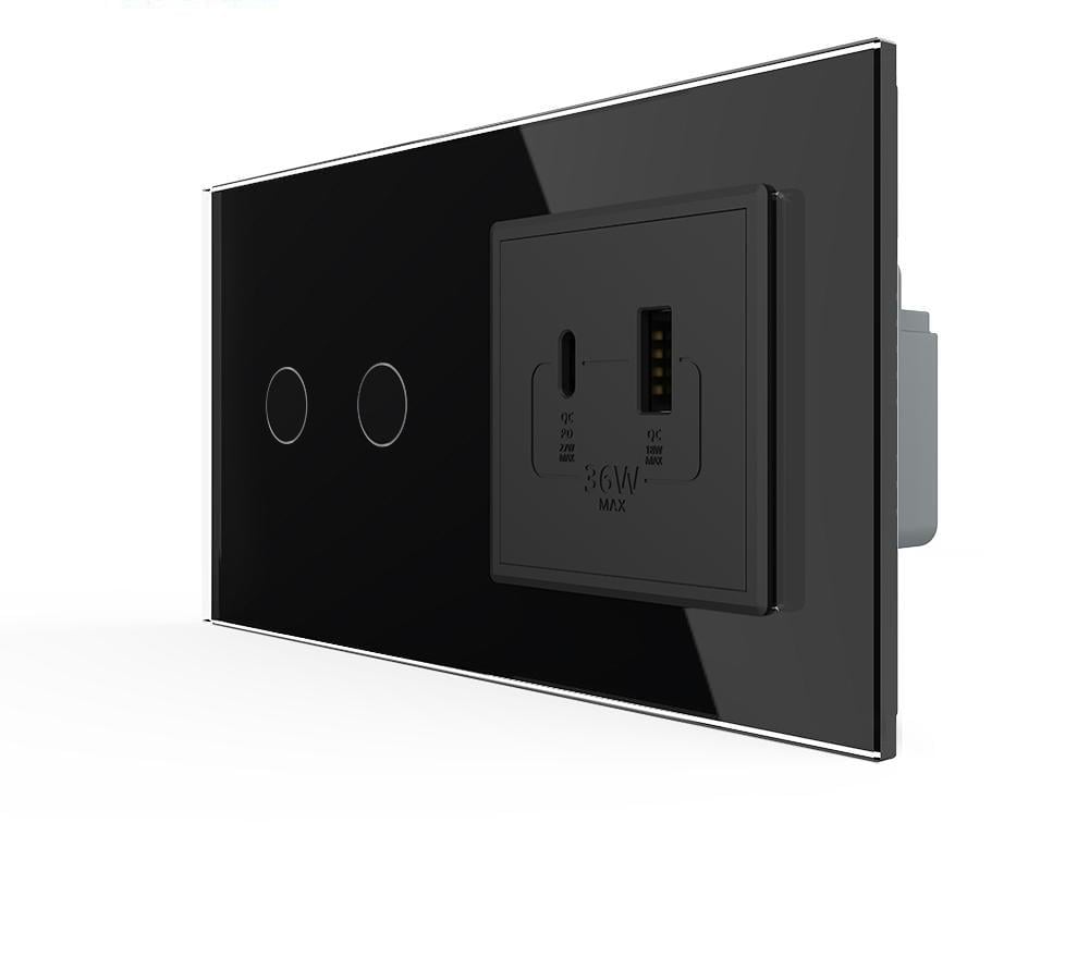 Выключатель умный Livolo сенсорный/двойной с розеткой USB-A + USB-C 36Вт стекло Черный Выключатель умный Livolo сенсорный/двойной с розеткой USB-A + USB-C 36Вт стекло Черный