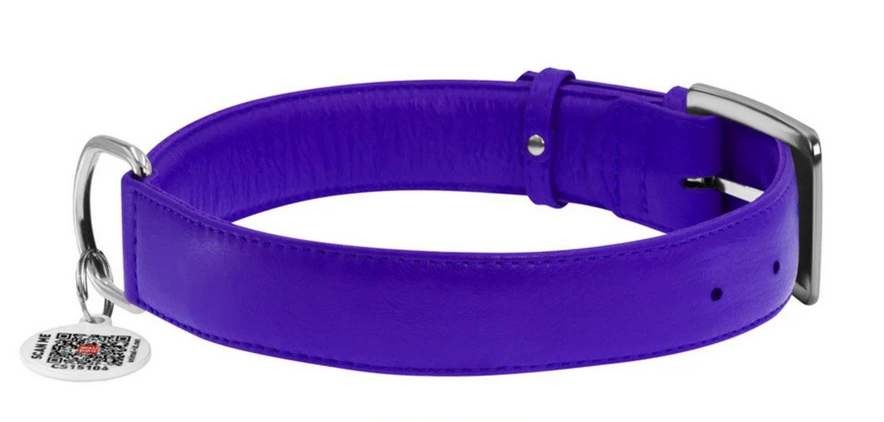 Ошейник для собак кожаный WAUDOG Glamour с QR паспортом без украшений M 20 мм 30-39 см Фиолетовый (Collar32939)