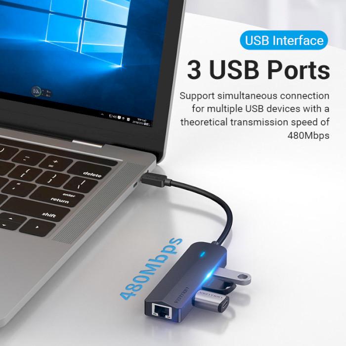 USB-хаб Vention USB-C to USB 3.0х3/RJ45/Micro-B HUB 0.15M Black ABS Type (TGPBB) - фото 6