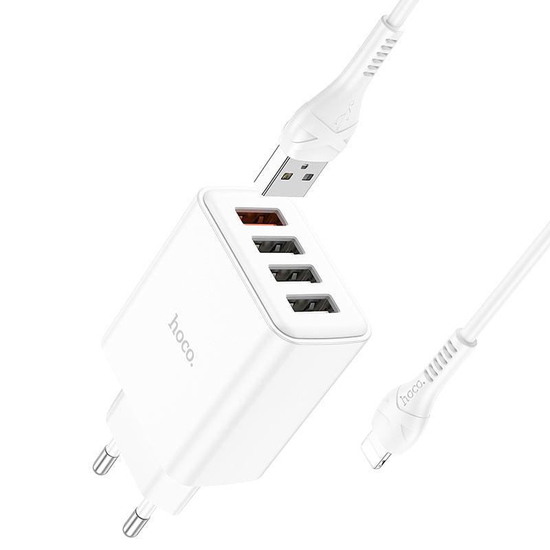 Устройство зарядное Hoco C102A 4 USB 2,1A кабель Lightning White (36769)