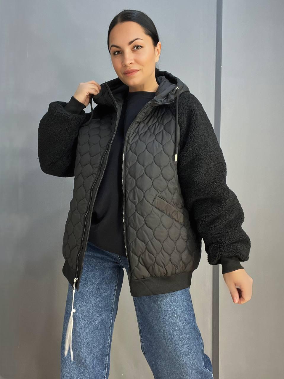 Куртка женская DARK SNOW 2355 стеганая ркува искусственный мех с капюшоном увеличенные размеры р. 56 Черный (1315) - фото 4